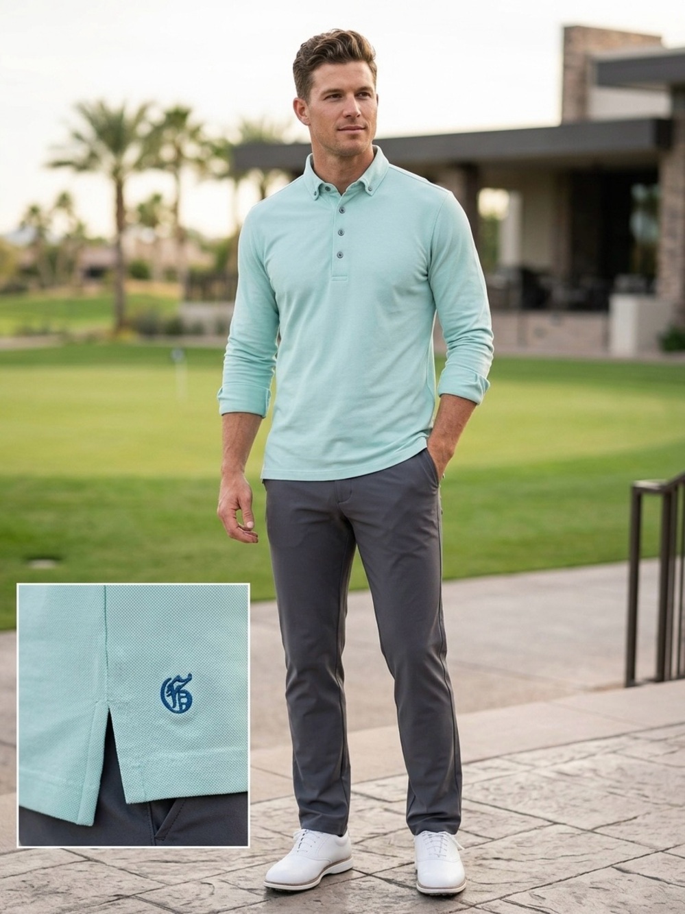 GREYSON Men Small Light Mint Green Long Sleeve Golf Polo Shirt Brrr Cooling